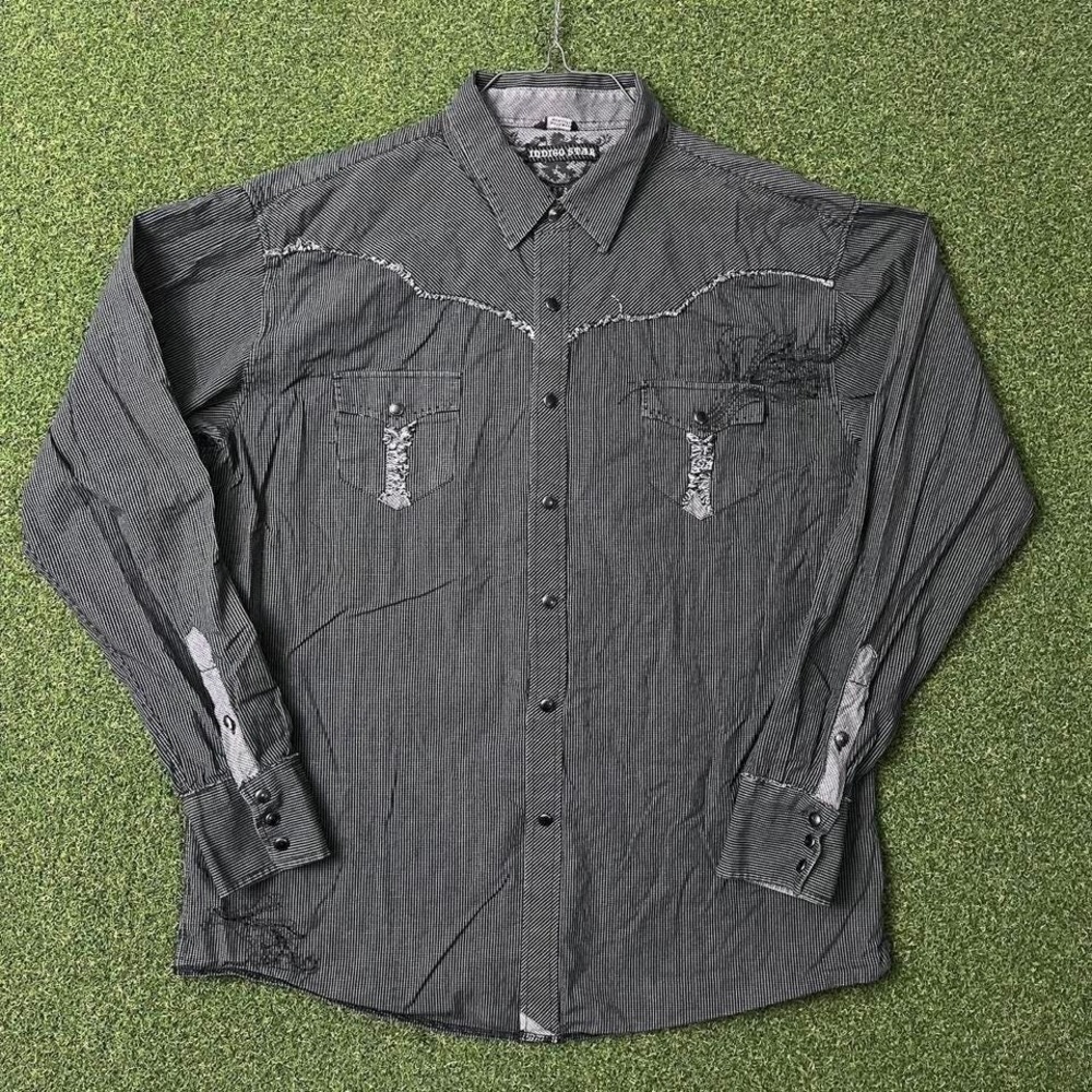 Y2K Indigo Star Embroidered Graphic Striped Grey Button Down‎ Shirt Long Sleeve